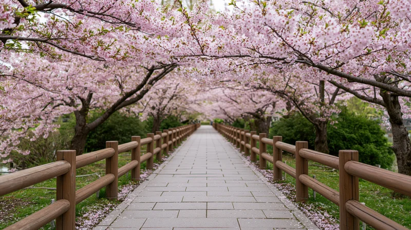 Paved pathway lined with wooden rail fences under blooming cherry trees in a garden