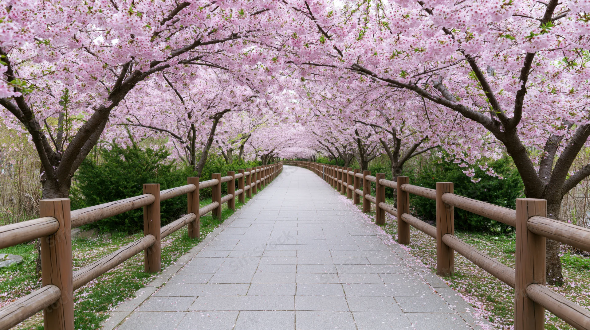 Paved pathway lined with cherry blossom trees in full bloom forming a floral canopy over a garden walkway
