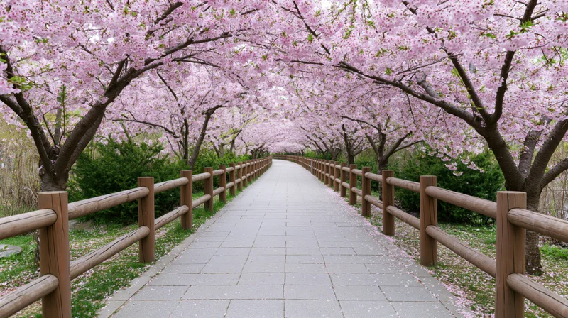 Paved pathway lined with cherry blossom trees in full bloom forming a floral canopy over a garden walkway