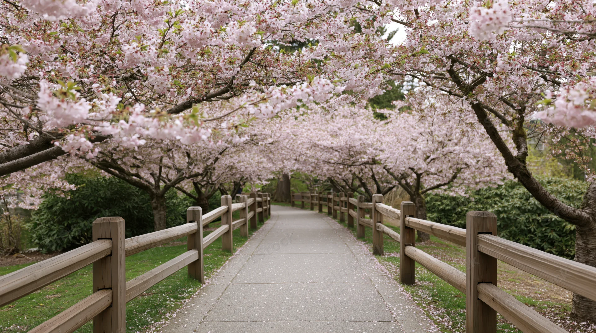 Paved pathway lined with wooden rail fences under blooming cherry trees in a garden park