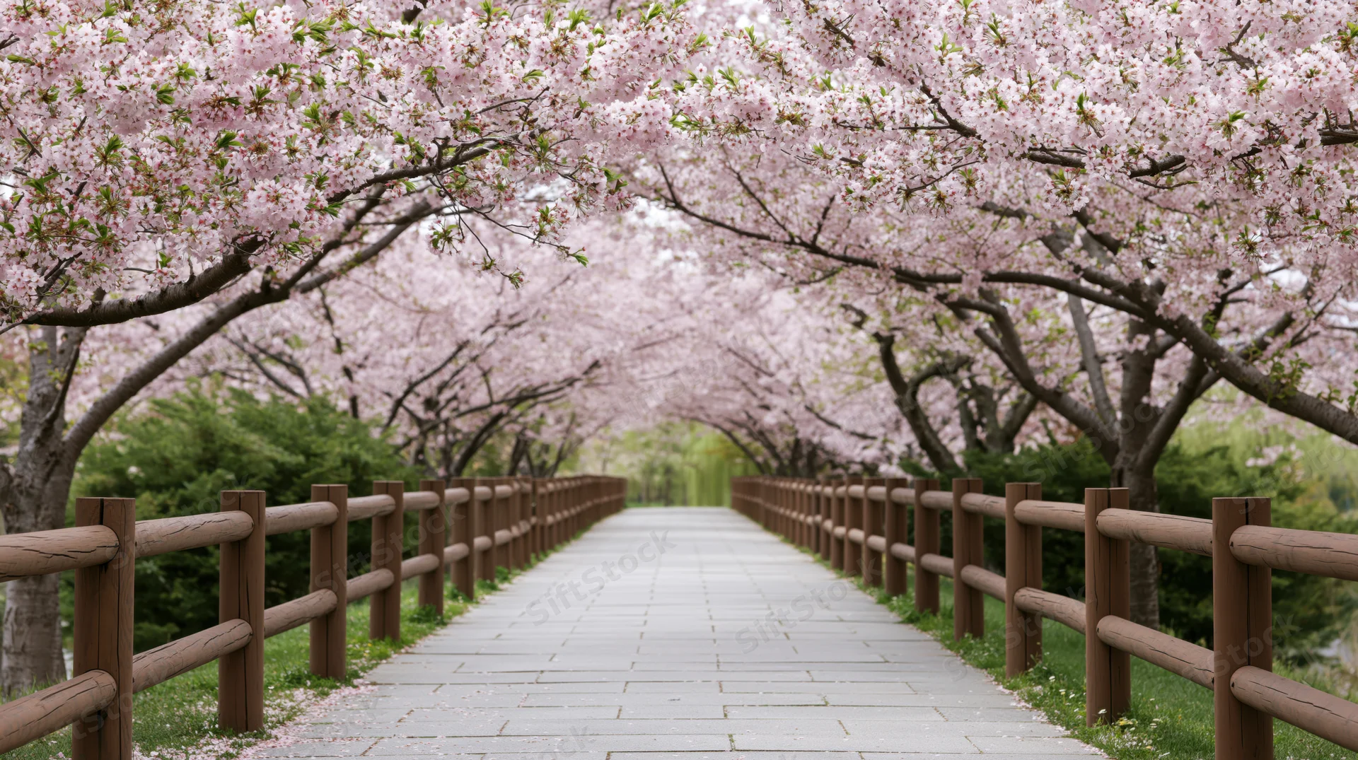 Paved pathway lined with wooden rail fences under blooming cherry blossom trees in a garden park