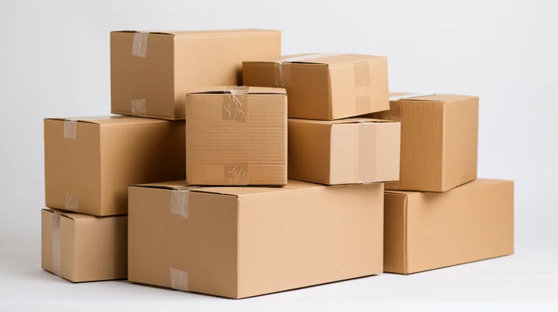Stack of closed cardboard boxes of various sizes on white background
