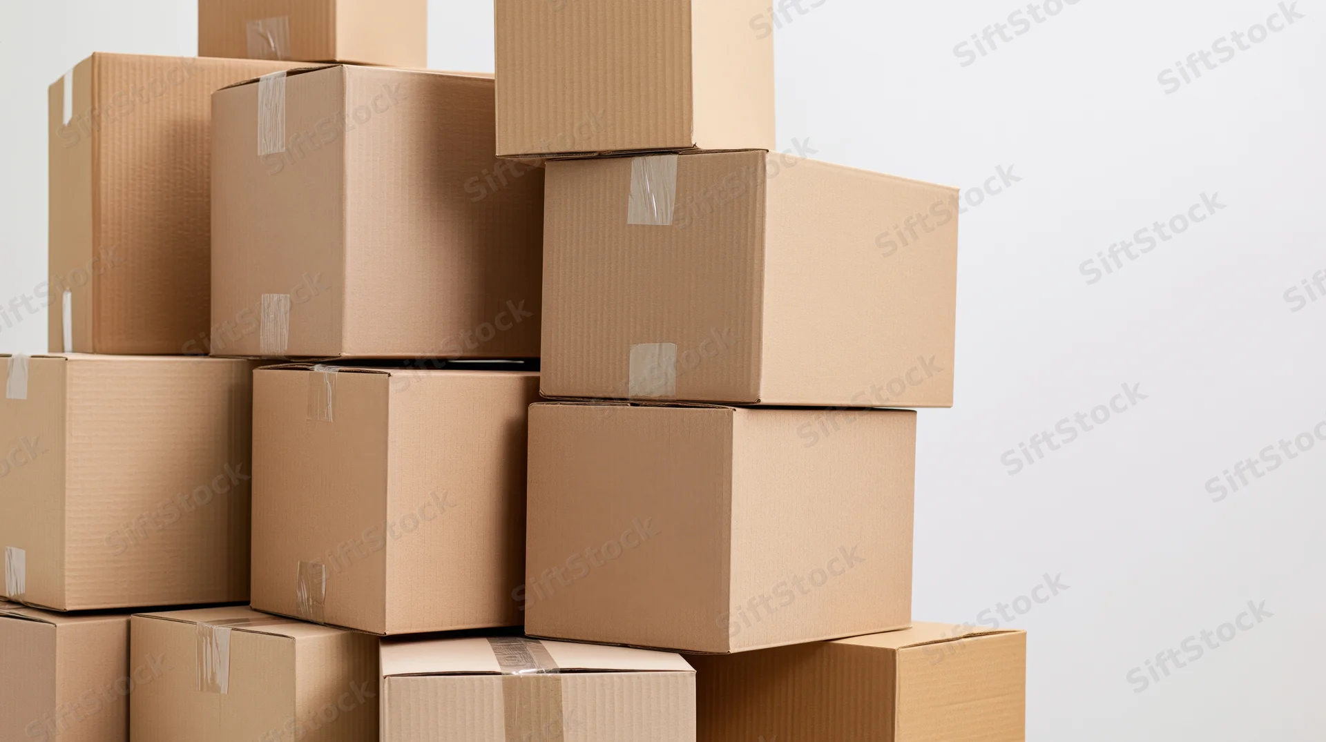 Stack of closed cardboard moving boxes piled against a plain white wall