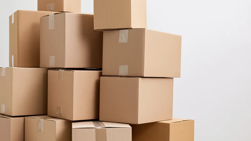 Stack of closed cardboard moving boxes piled against a plain white wall