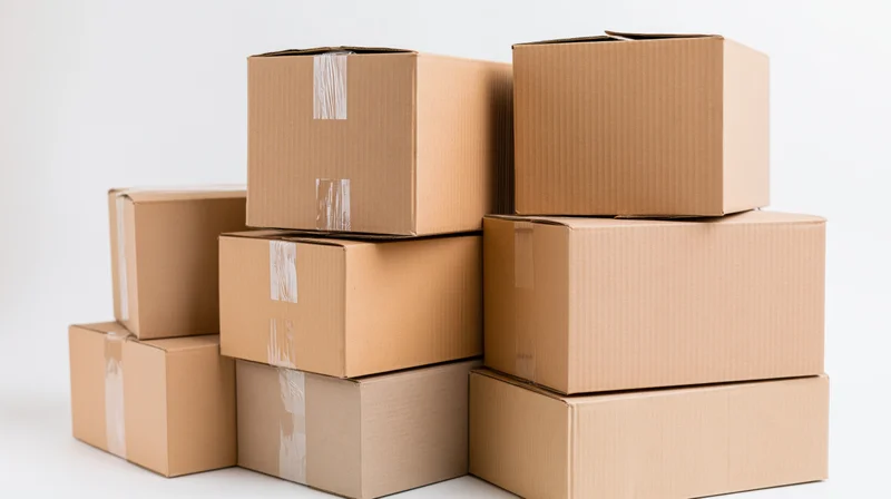 Stacked cardboard boxes arranged in a pile on a white surface