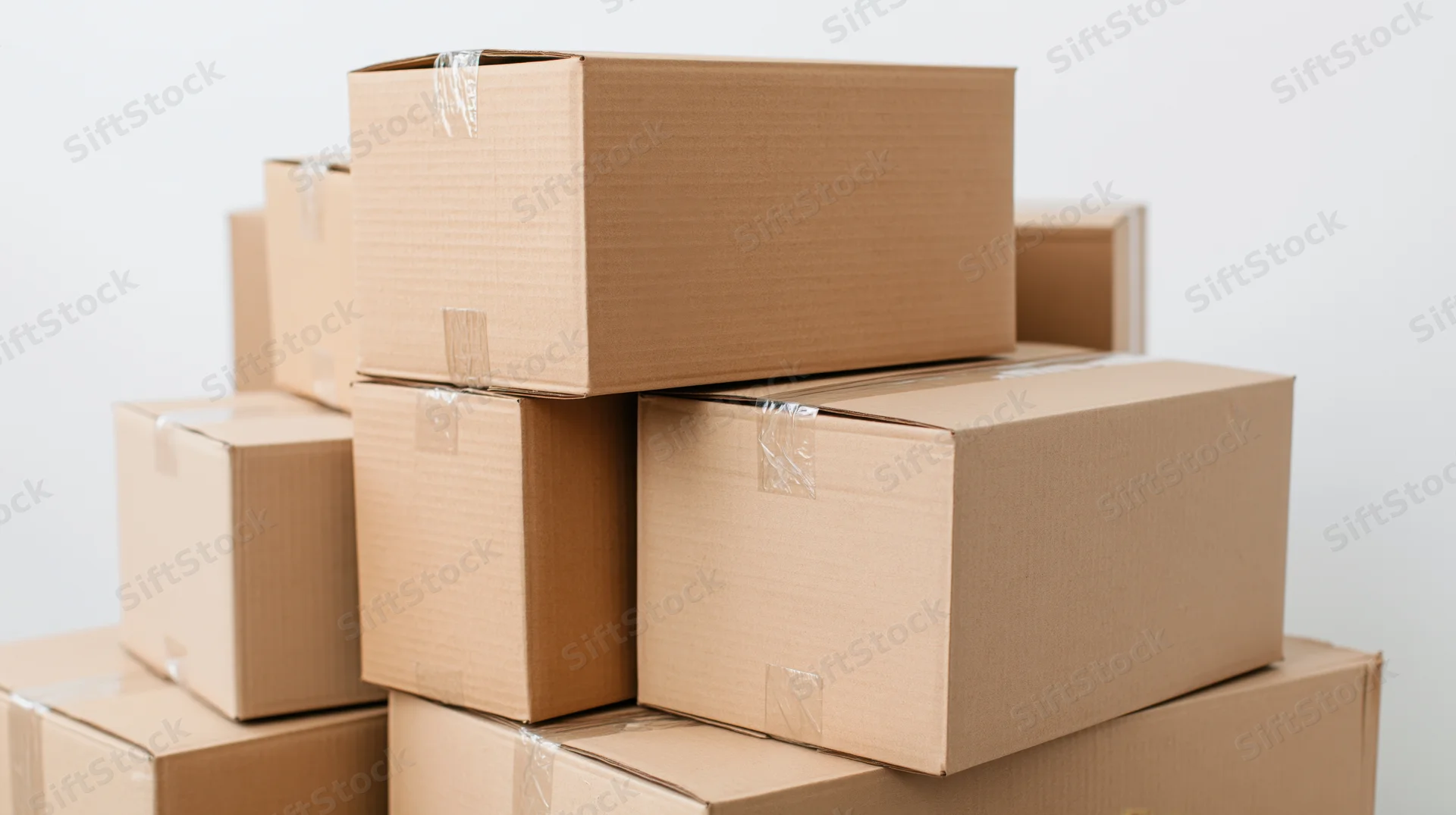 Stacked cardboard boxes sealed with tape against a white background