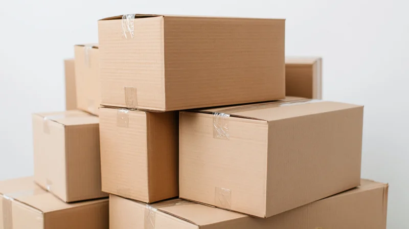 Stacked cardboard boxes sealed with tape against a white background