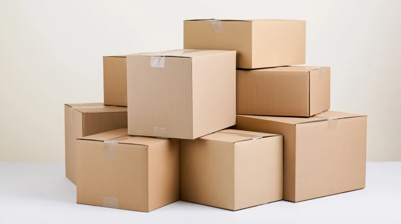 Stack of closed cardboard moving boxes arranged in varying sizes on a white surface