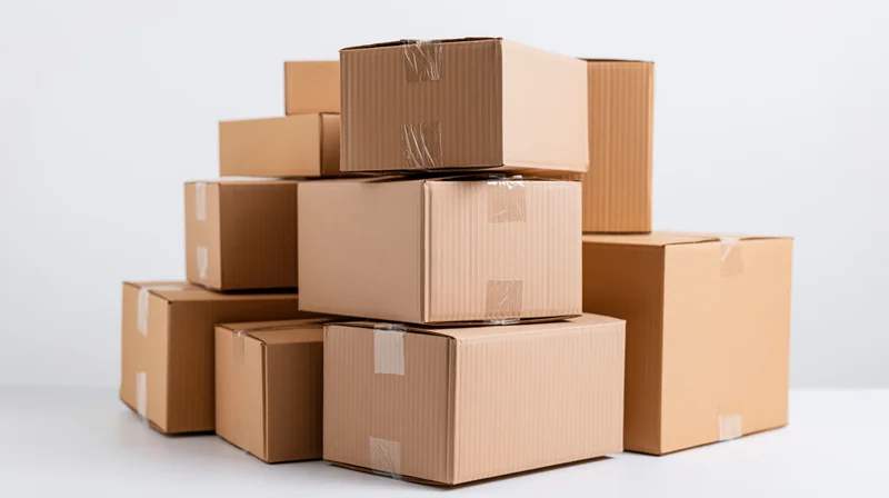 Stacked cardboard boxes arranged in a pile on a white surface