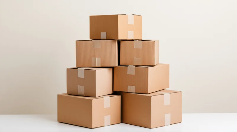 Stack of sealed brown cardboard boxes arranged in pyramid shape on white surface