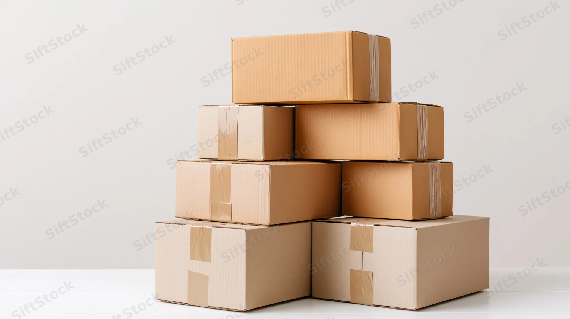 Stacked cardboard boxes arranged in a pile on a white surface