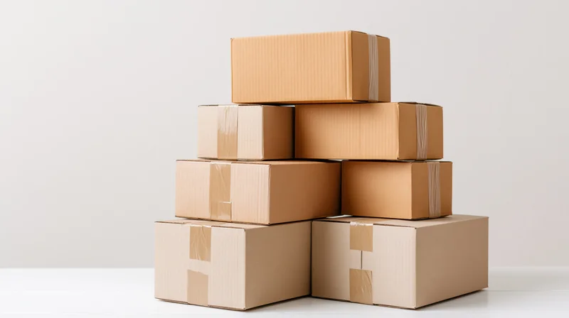 Stacked cardboard boxes arranged in a pile on a white surface