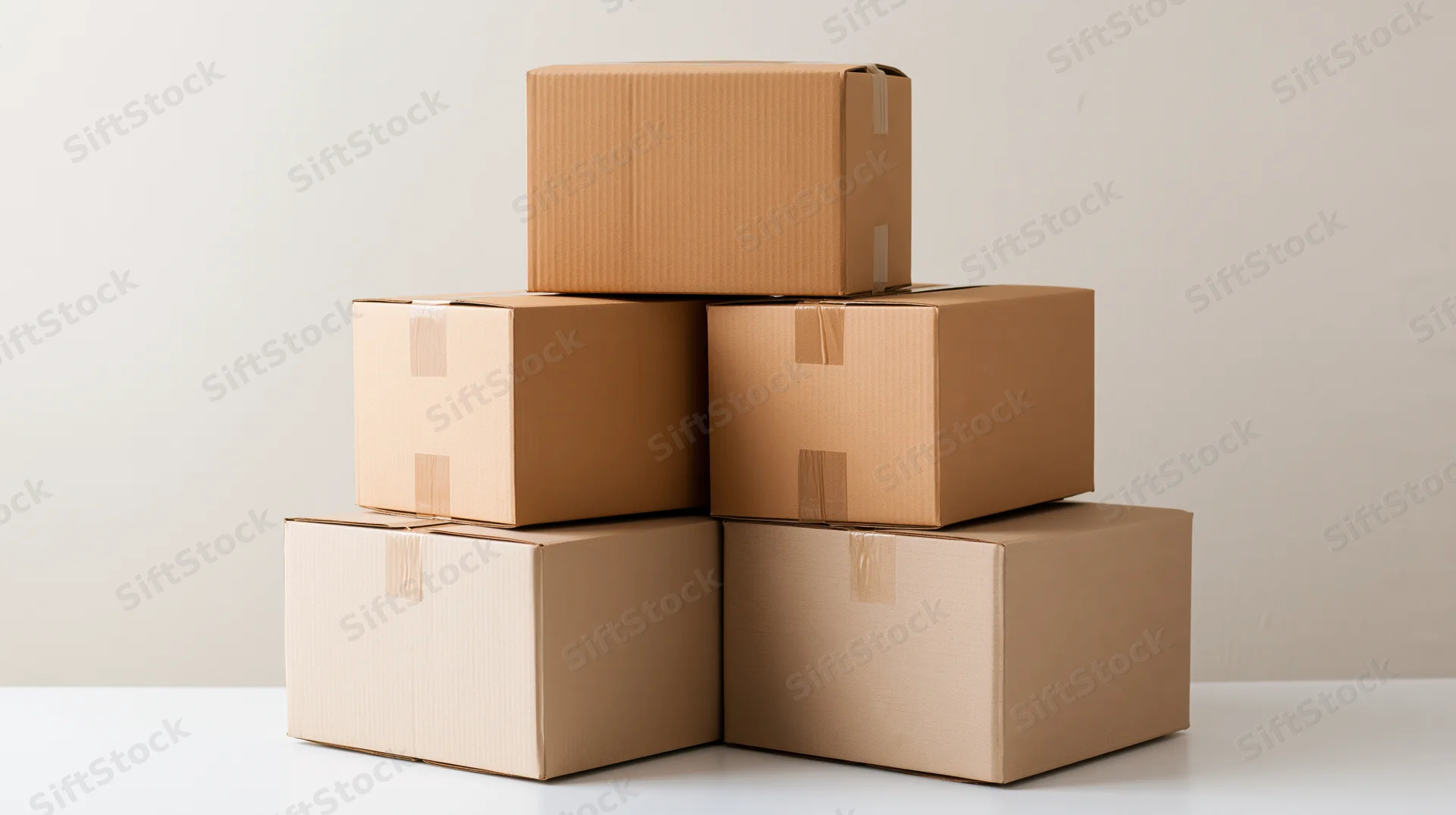 Stack of sealed brown cardboard boxes arranged in a pyramid on a white surface