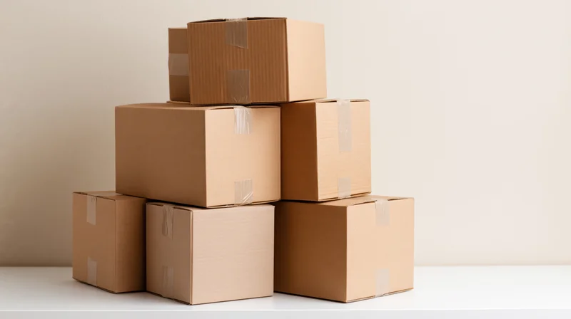 Stack of sealed brown cardboard boxes arranged in pyramid shape on white surface