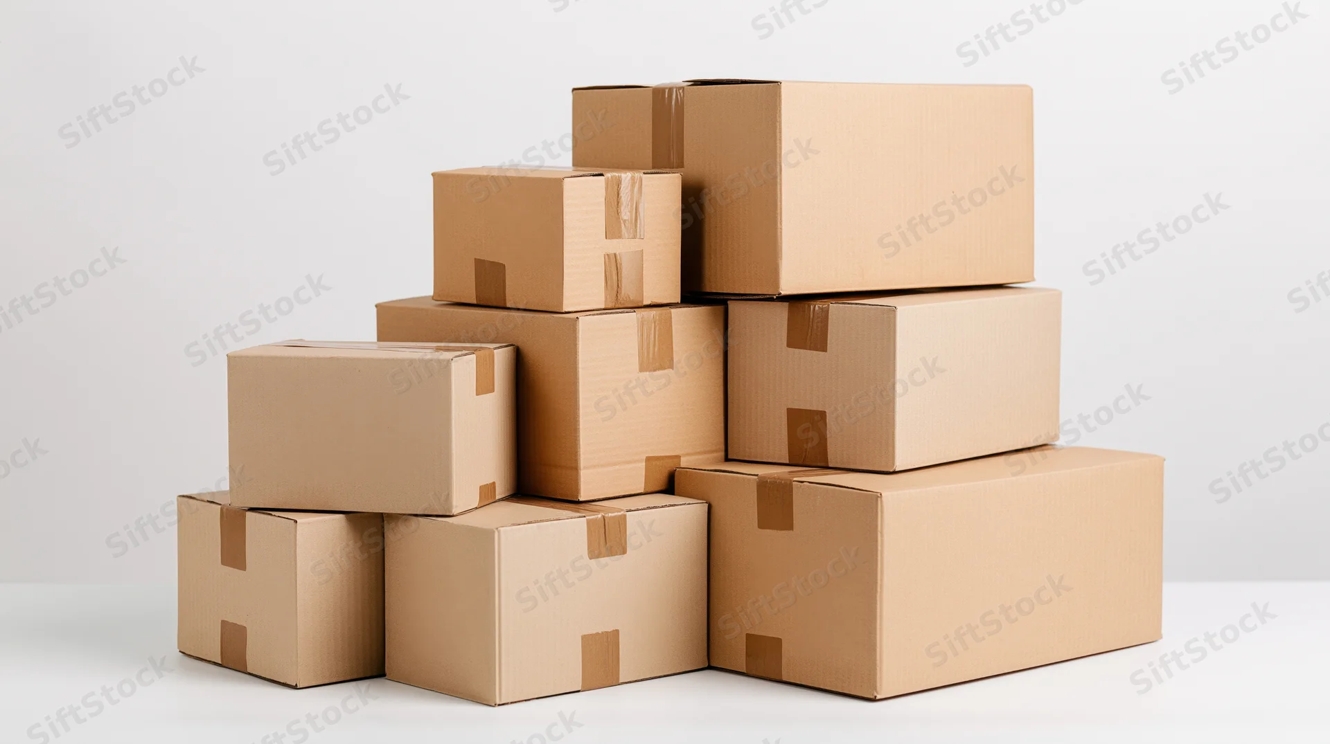 Stack of sealed cardboard shipping boxes arranged in a loose pile on a white surface