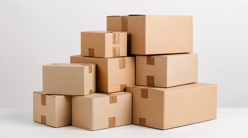 Stack of sealed cardboard shipping boxes arranged in a loose pile on a white surface