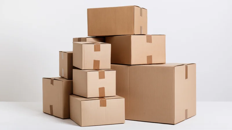 Stacked cardboard shipping boxes arranged in a loose pile on a white surface