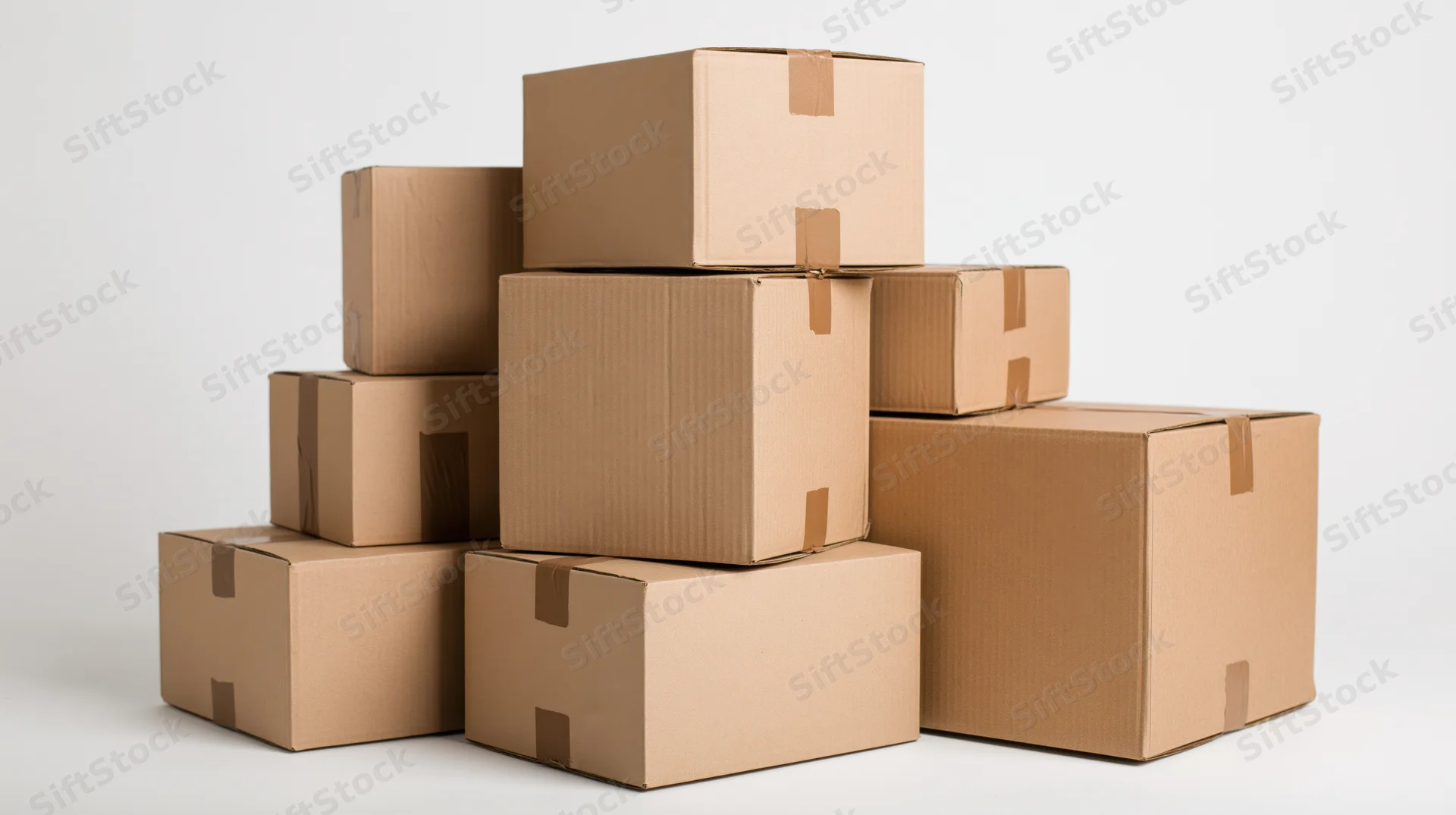 Stacked cardboard shipping boxes arranged in a loose pile on a white surface