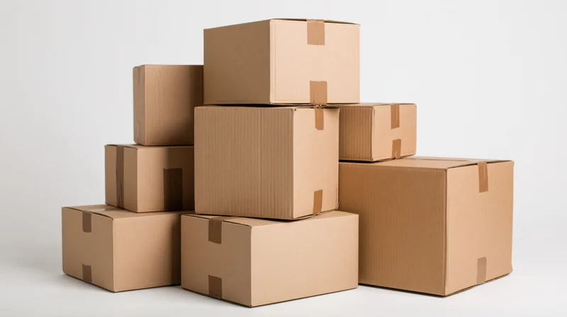 Stacked cardboard shipping boxes arranged in a loose pile on a white surface