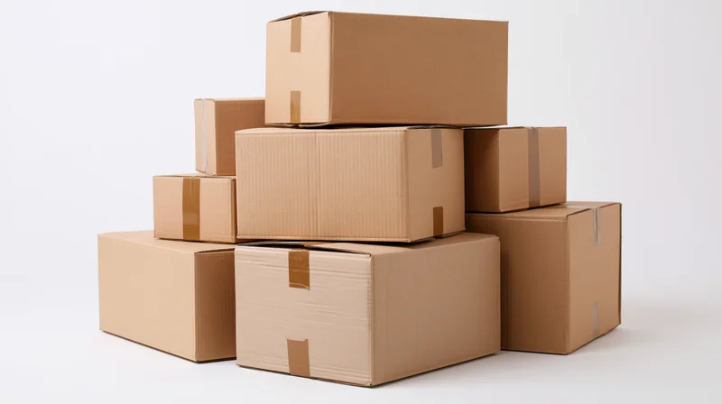 Stack of sealed cardboard shipping boxes arranged in a loose pile on a white surface