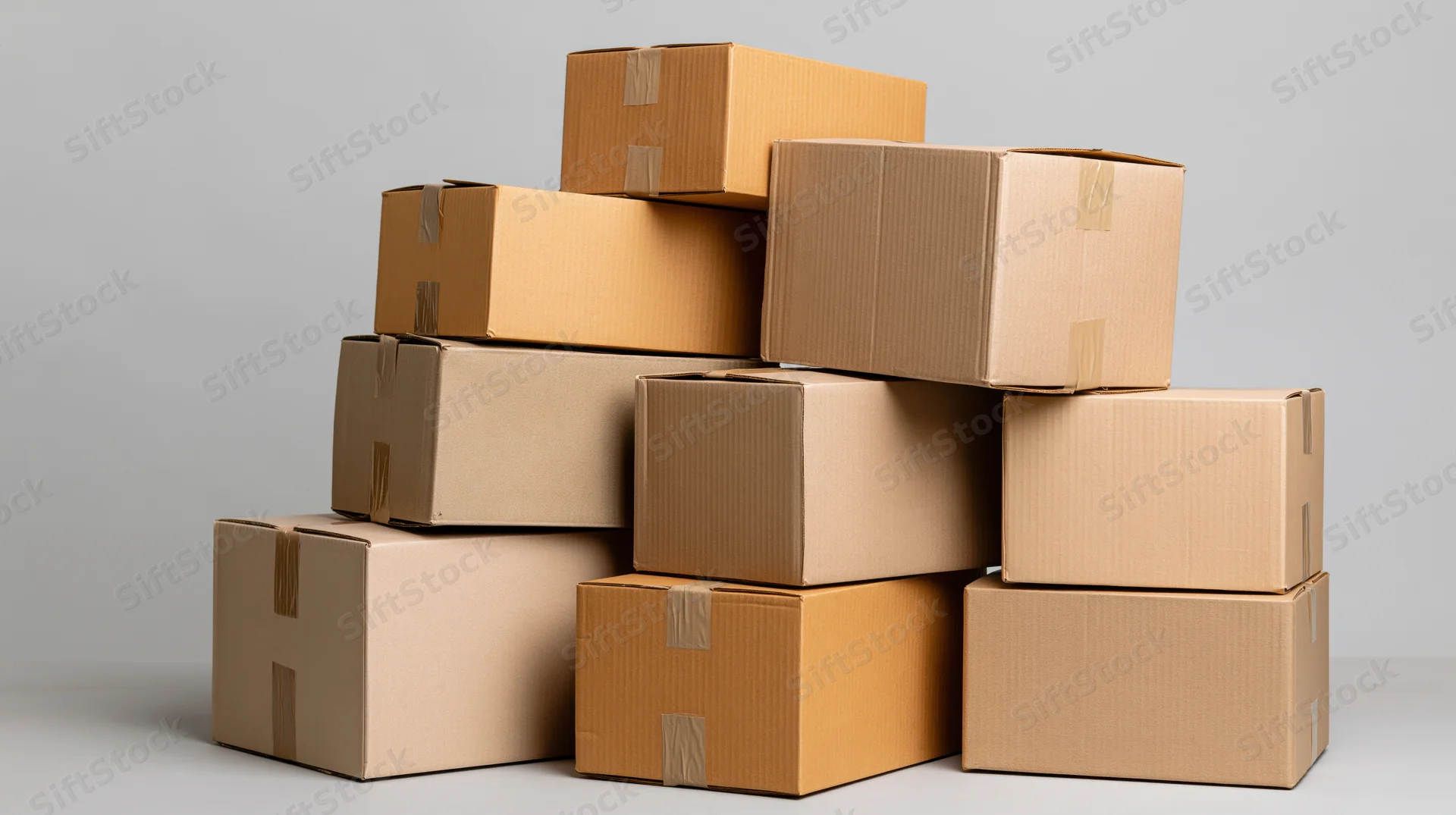 Stack of sealed cardboard shipping boxes arranged in a pile on a plain surface