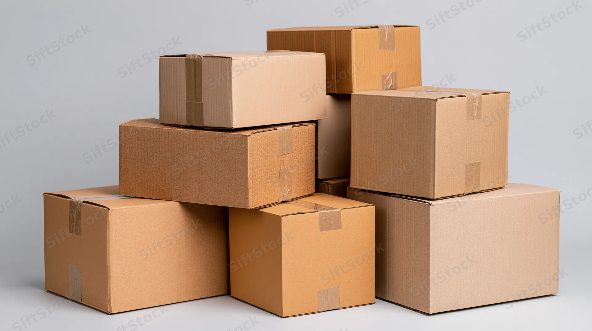 Stacked cardboard shipping boxes arranged in a pile on a neutral studio background