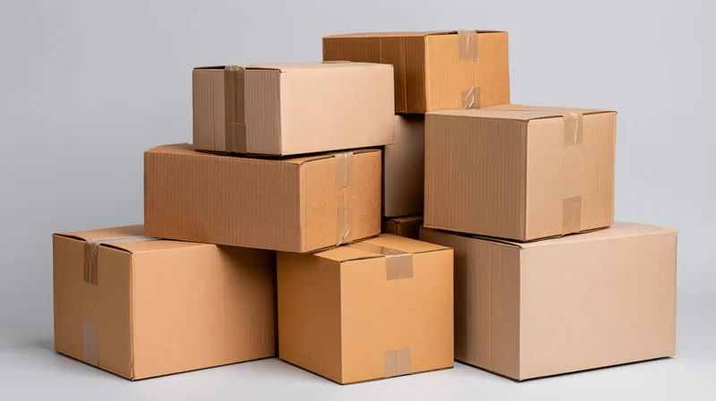Stacked cardboard shipping boxes arranged in a pile on a neutral studio background