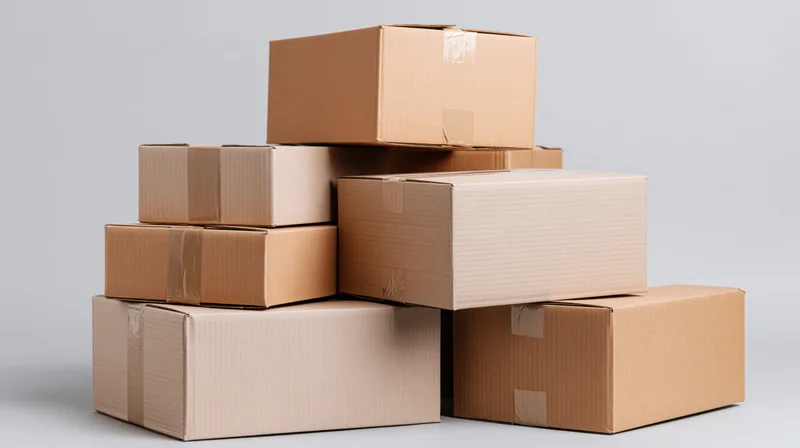 Stacked cardboard shipping boxes arranged in a pile on a plain background