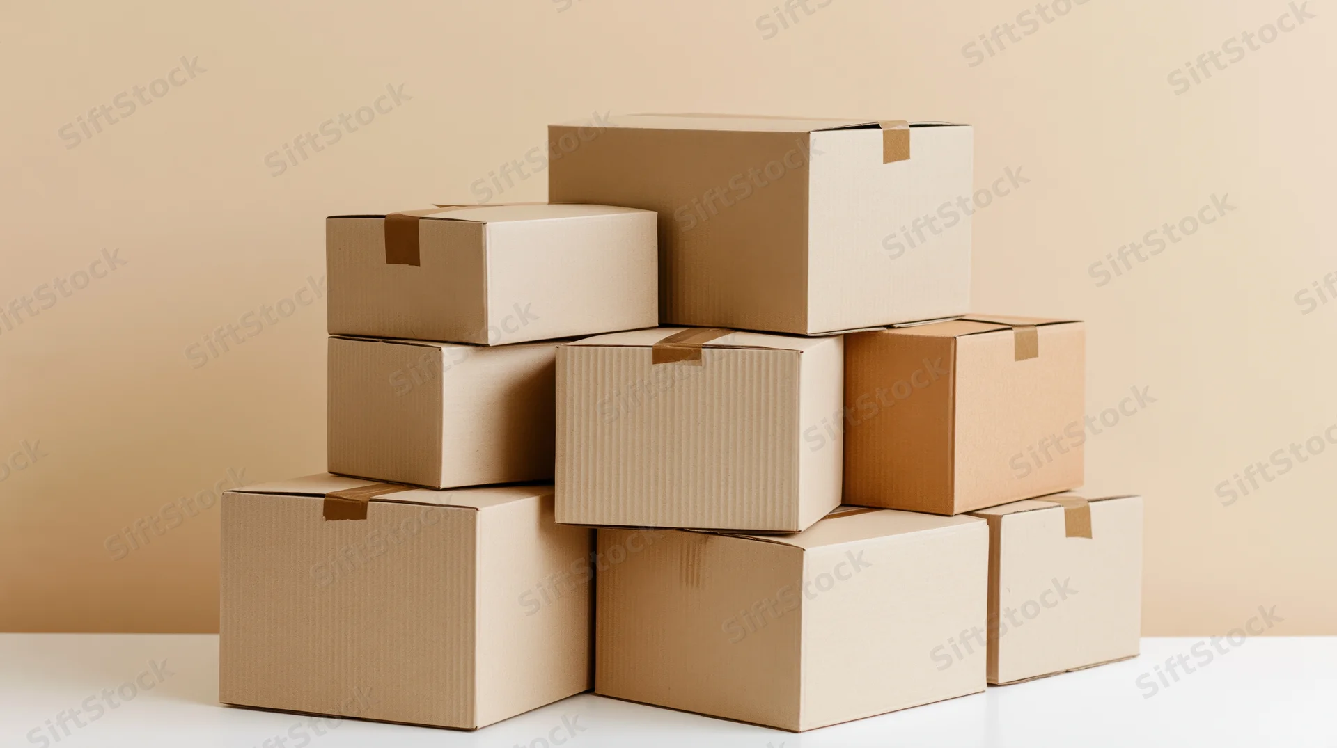 Stacked cardboard shipping boxes arranged in a pile on a white surface against a beige background