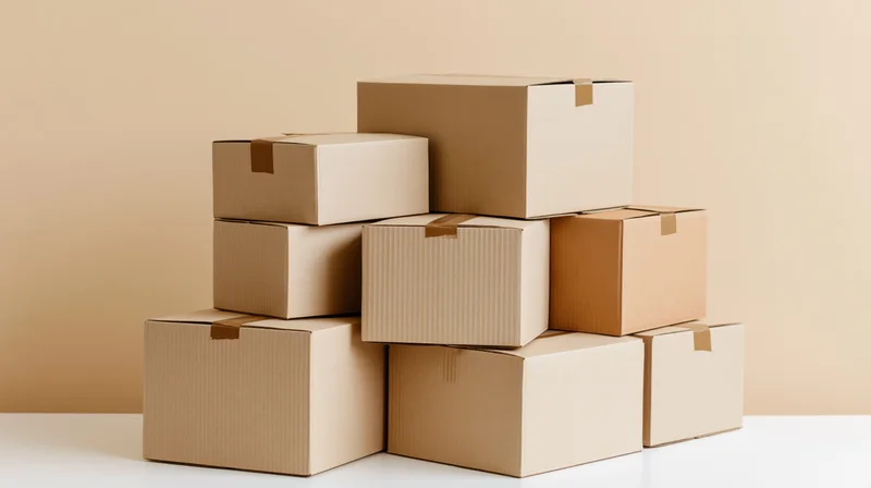 Stacked cardboard shipping boxes arranged in a pile on a white surface against a beige background