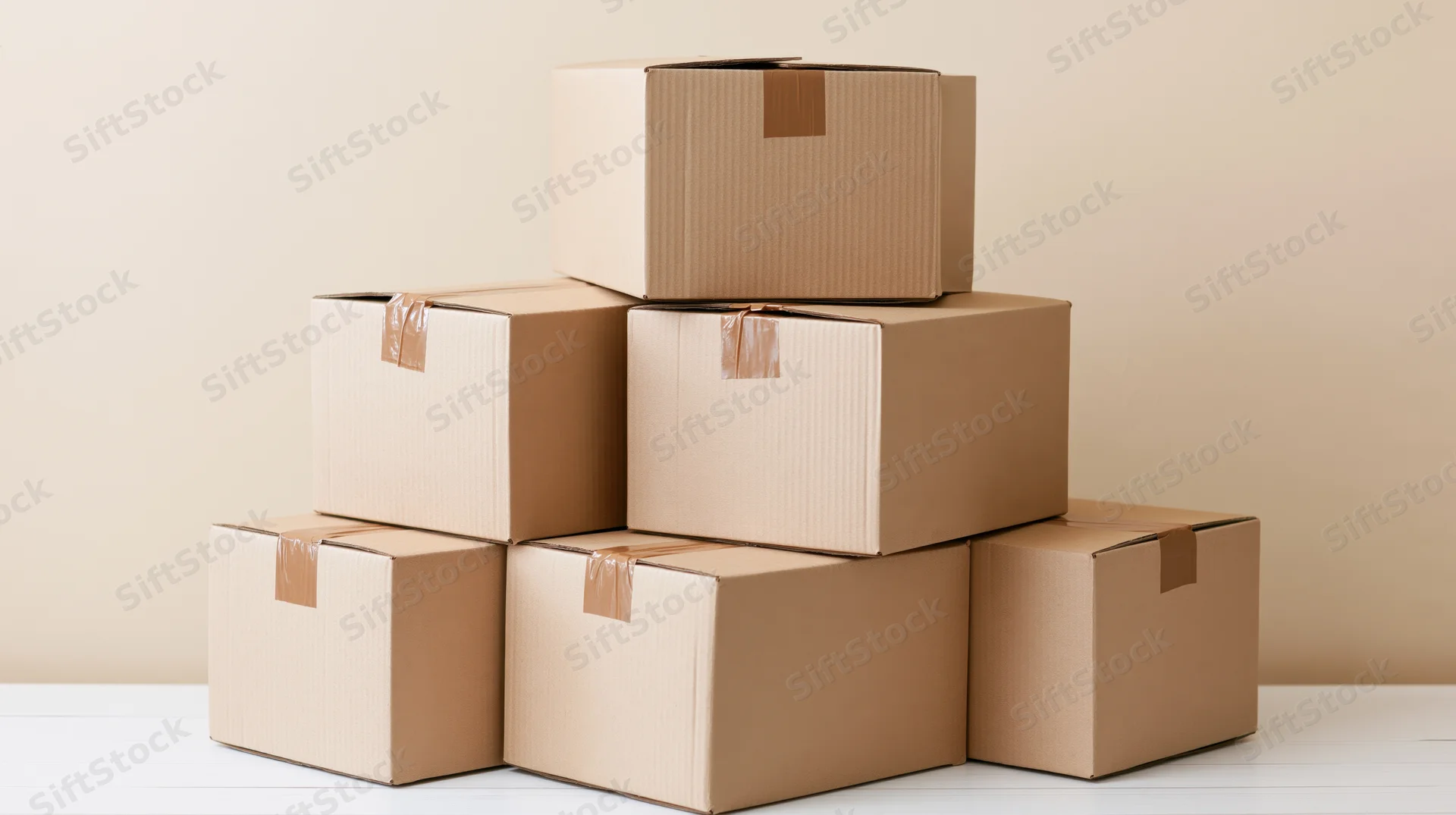 Stack of sealed cardboard shipping boxes arranged in pyramid shape on white surface