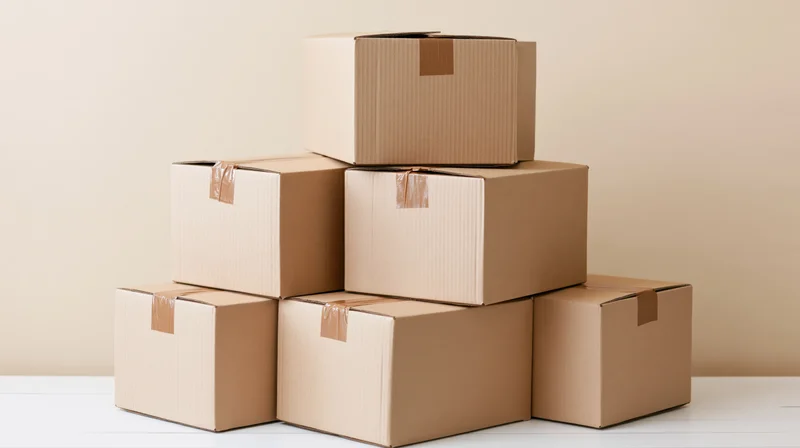 Stack of sealed cardboard shipping boxes arranged in pyramid shape on white surface