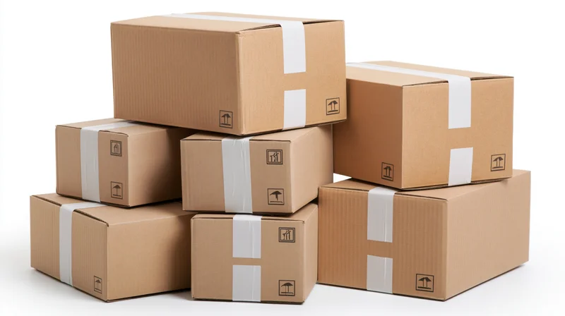 Stack of sealed cardboard shipping boxes with tape and handling symbols on white background