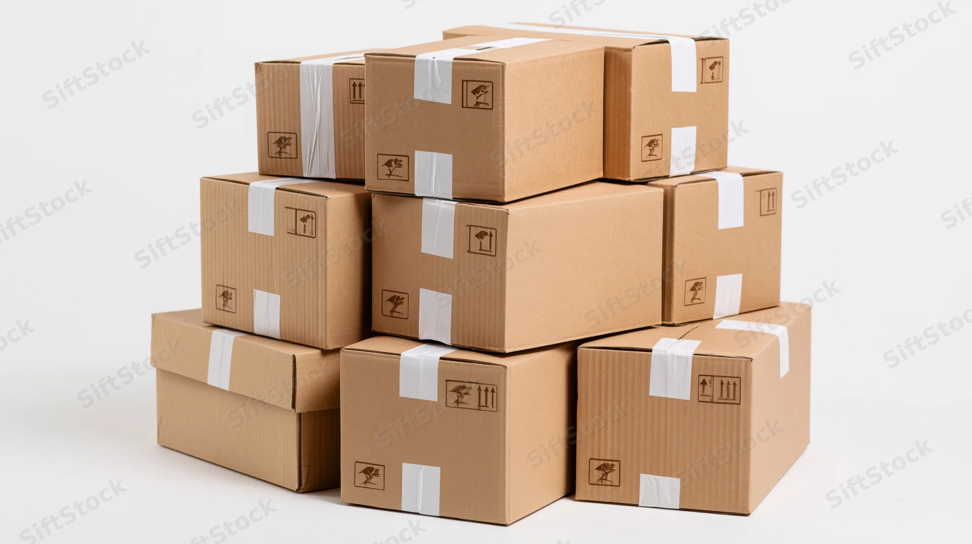 Stack of sealed cardboard shipping boxes arranged in pyramid shape on white background