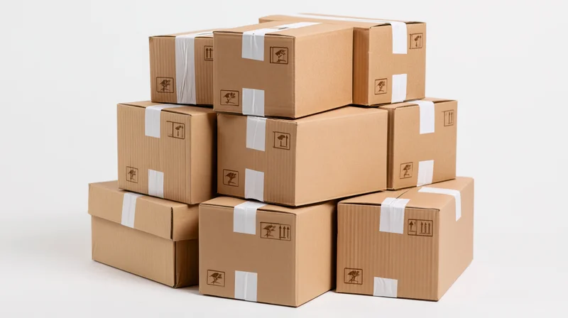 Stack of sealed cardboard shipping boxes arranged in pyramid shape on white background