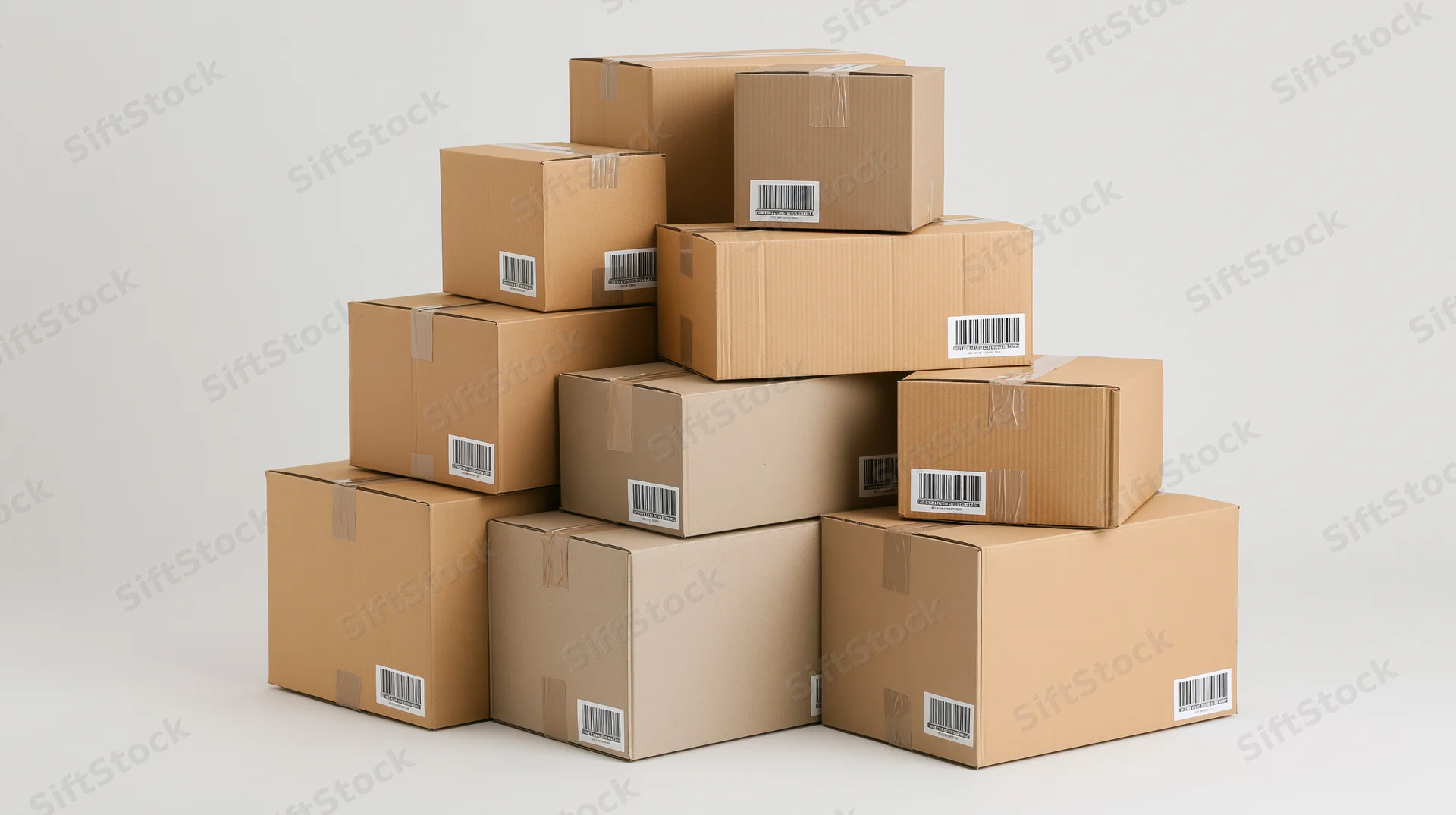 Stacked cardboard shipping boxes of various sizes on a plain white surface