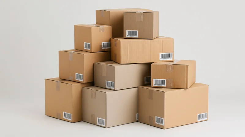 Stacked cardboard shipping boxes of various sizes on a plain white surface