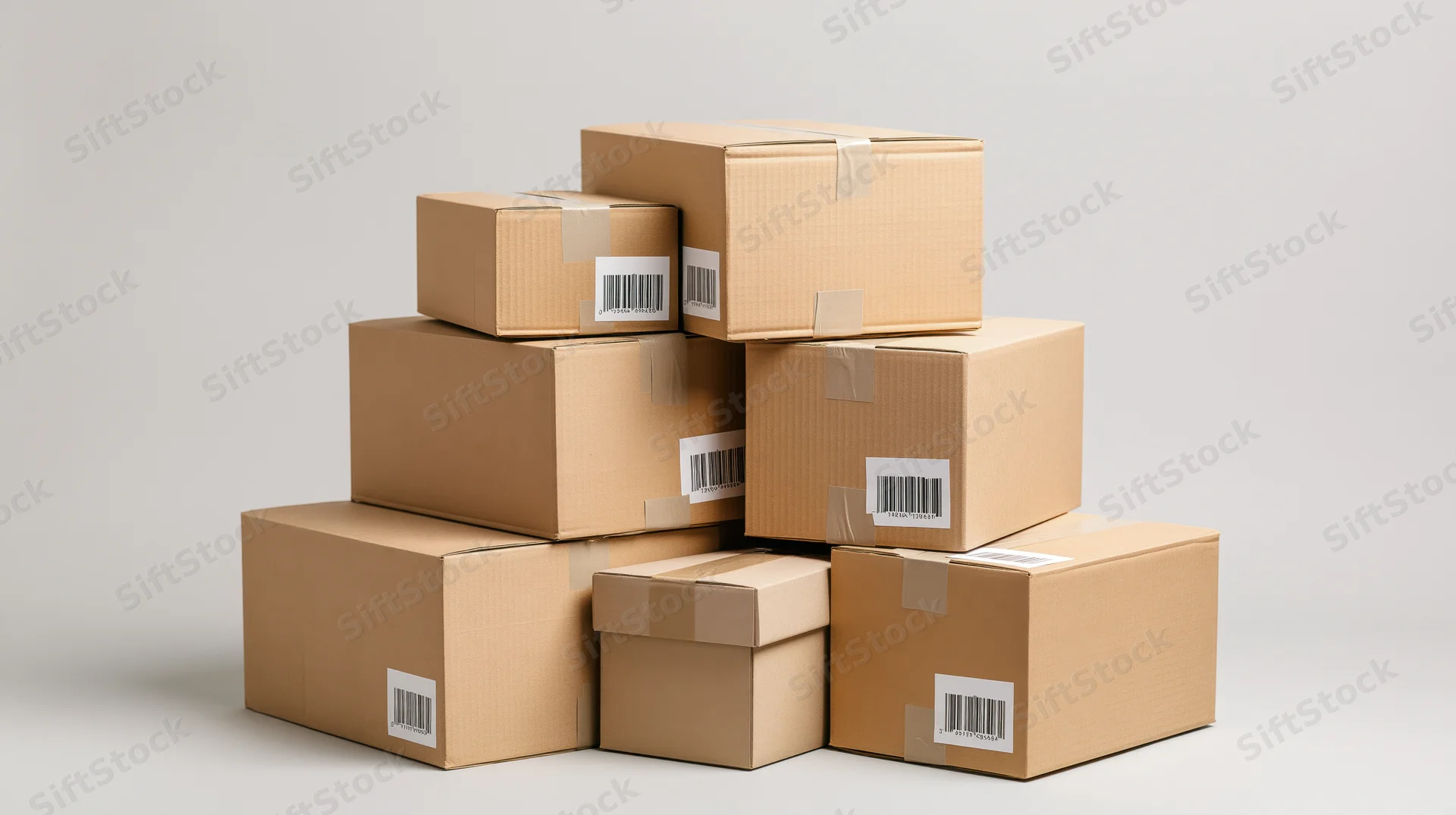 Stacked cardboard shipping boxes of various sizes on a plain surface