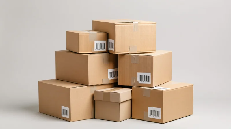 Stacked cardboard shipping boxes of various sizes on a plain surface
