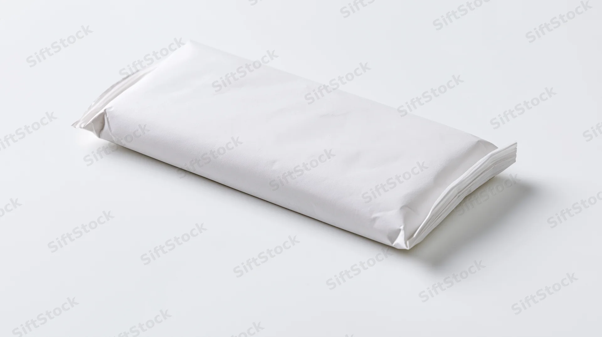 Plain white chocolate bar wrapper lying flat on a white surface