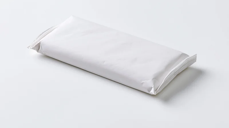 Plain white chocolate bar wrapper lying flat on a white surface