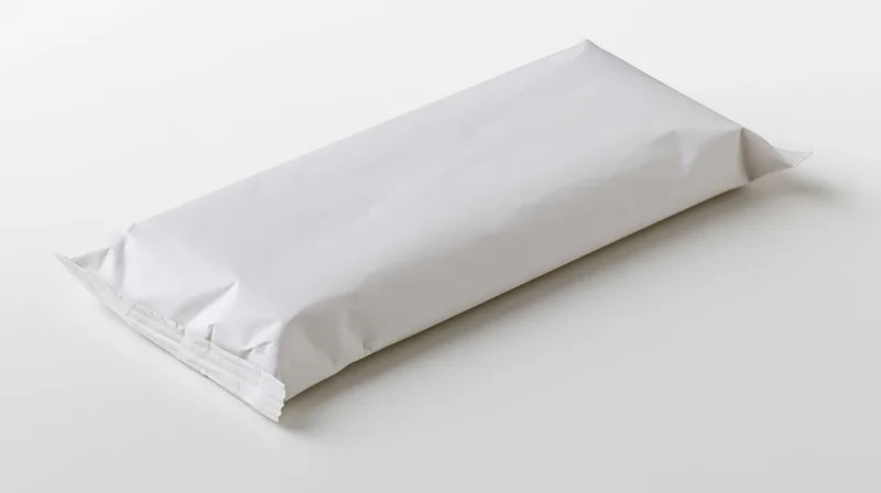 Plain white chocolate bar wrapper lying flat on a white surface