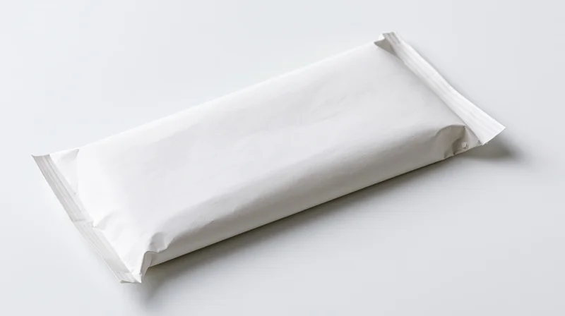 Plain white chocolate bar wrapper lying flat on a white surface