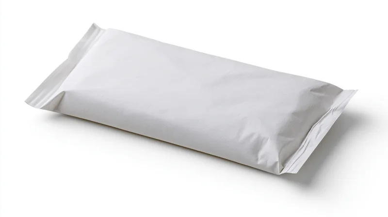 Plain white chocolate bar wrapper lying flat on white background