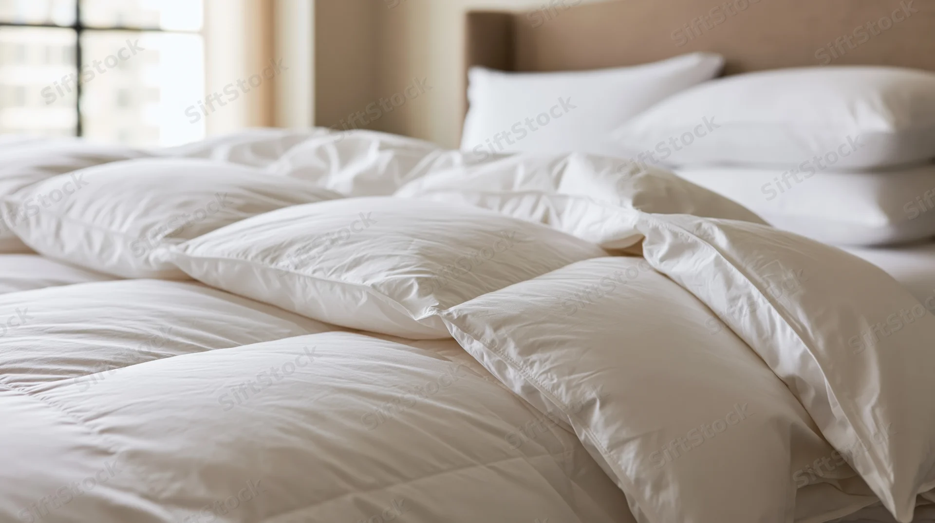 White down comforter draped over a bed in a hotel room with natural light from a window