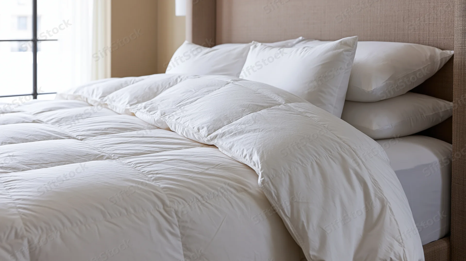 White down comforter draped over neatly made bed in hotel room