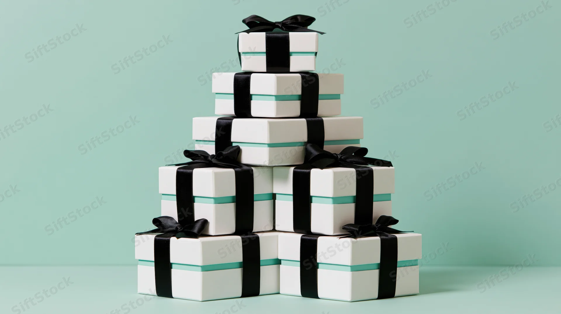 Pyramid stack of white gift boxes tied with black satin ribbons on mint background