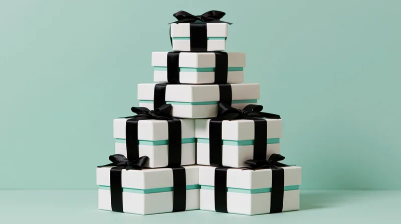 Pyramid stack of white gift boxes tied with black satin ribbons on mint background