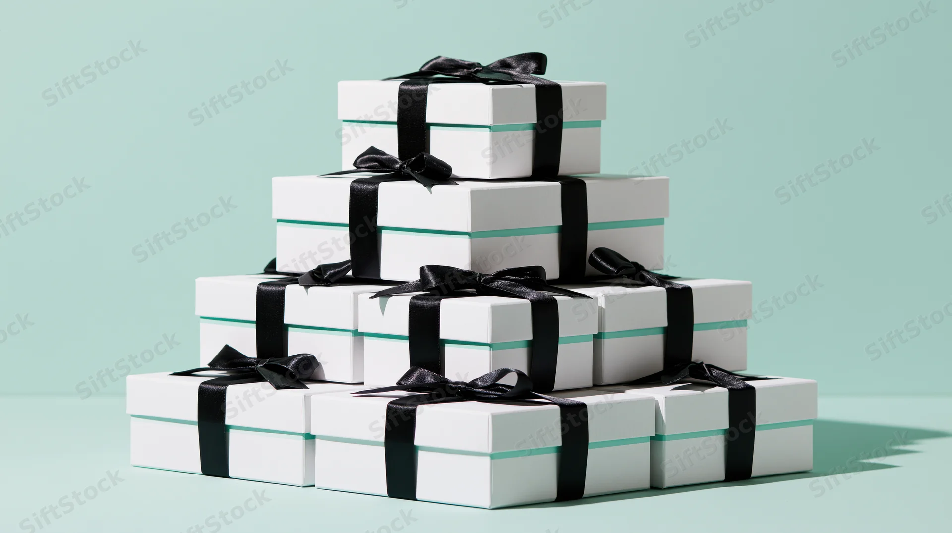Pyramid stack of white gift boxes tied with black satin ribbons on mint background