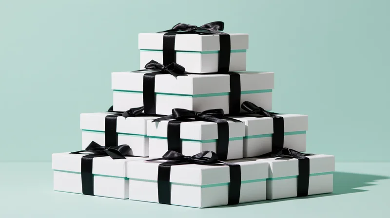 Pyramid stack of white gift boxes tied with black satin ribbons on mint background